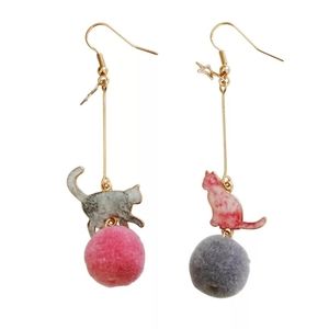 Pastel Kittens Pom Poms Dangle Earrings